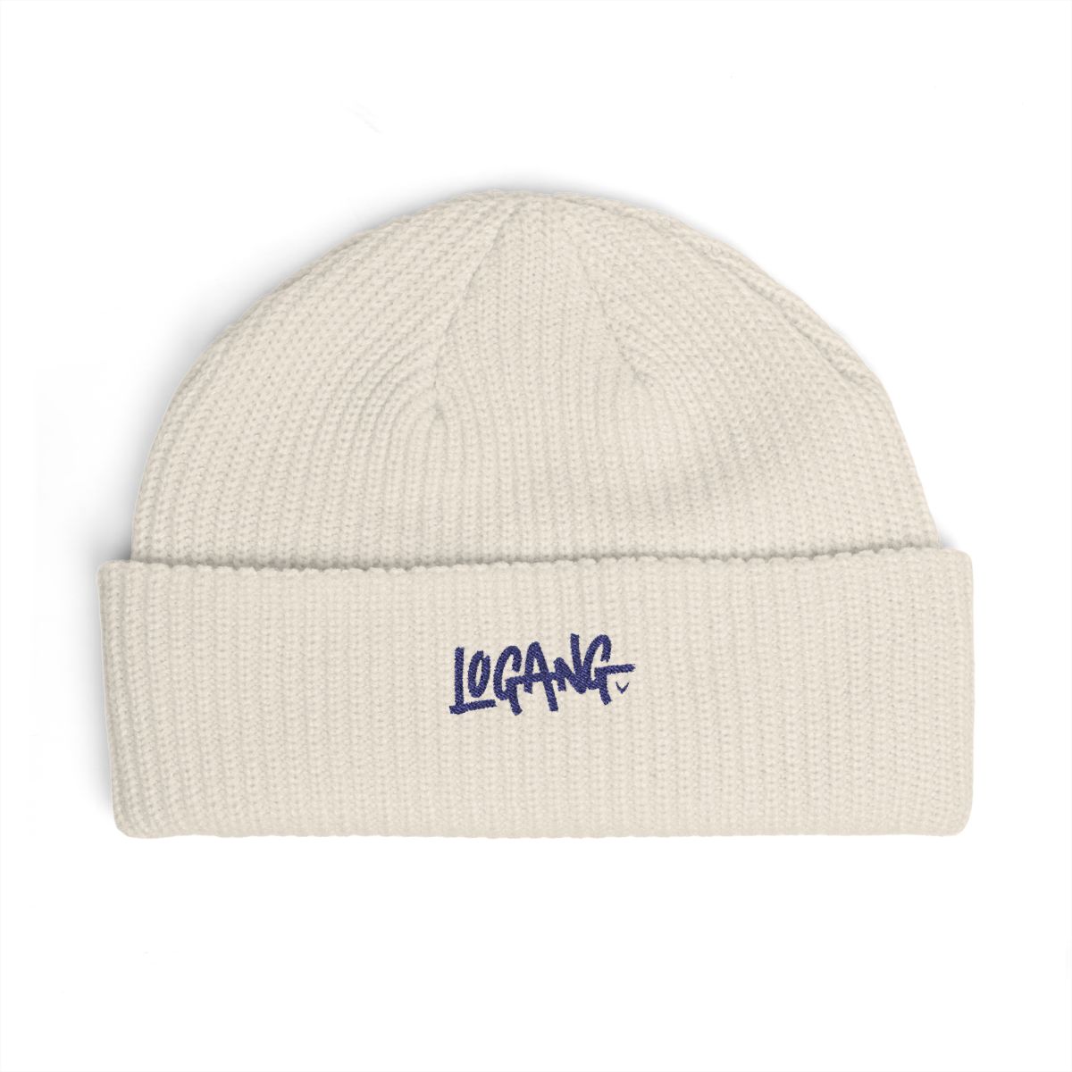 A navy blue beanie with a white "LOGANG" logo in a graffiti style - alternate angle 3, merchandise