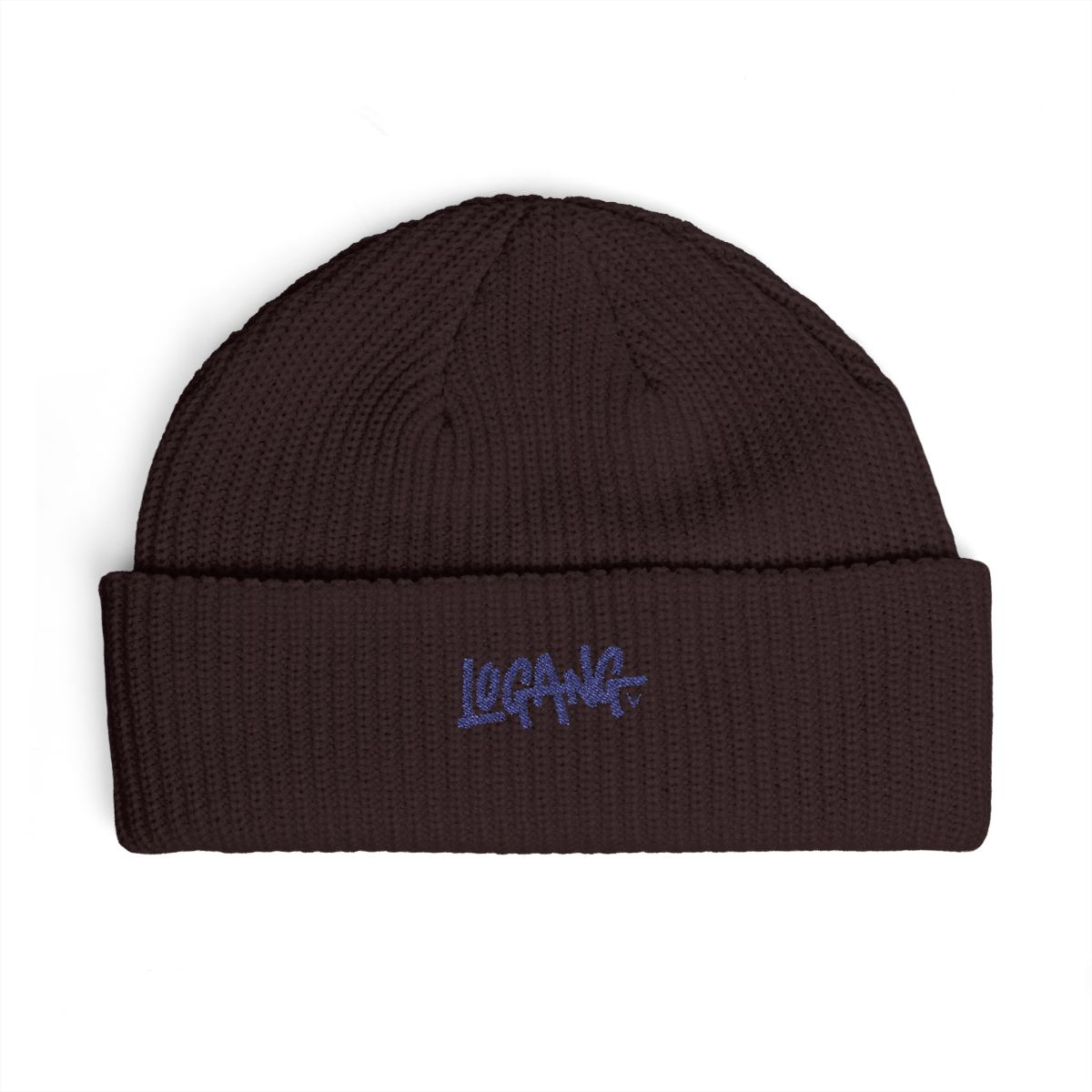 A navy blue beanie with a white "LOGANG" logo in a graffiti style - Official Hats & Caps merchandise