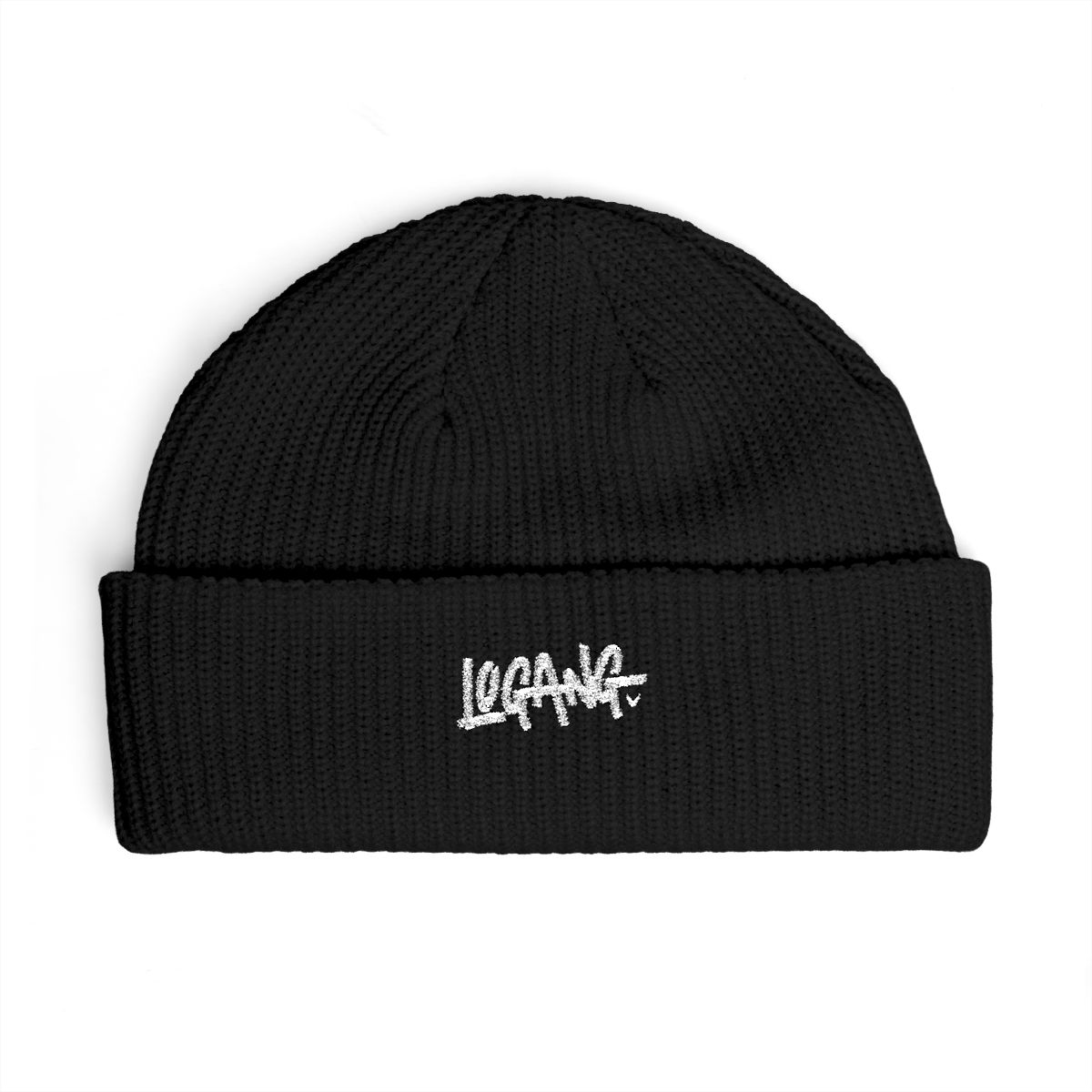 A pink beanie with the word "LOGANG" in white lettering on the front